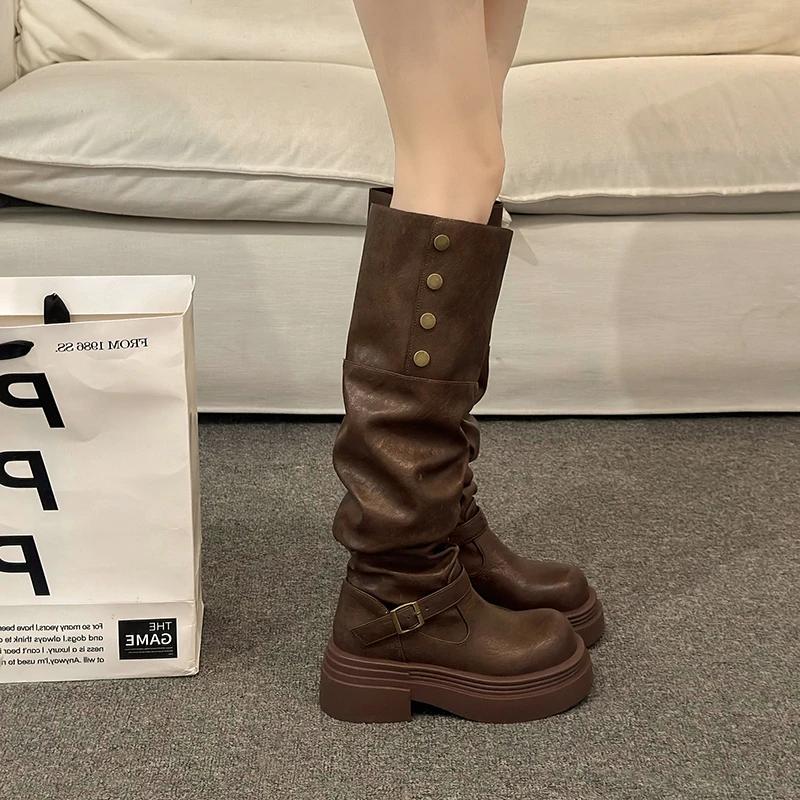 Women's Winter Studded Knee-high Boots Square Heel Round Head Middle Follow High Boots Sleeve Outdoor Leisure Fashion Shoes 2025