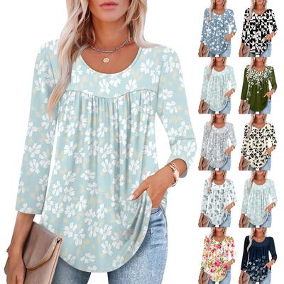 Women's Fashion Seven Sleeve Top Round Neck Pleated Casual Printed Top