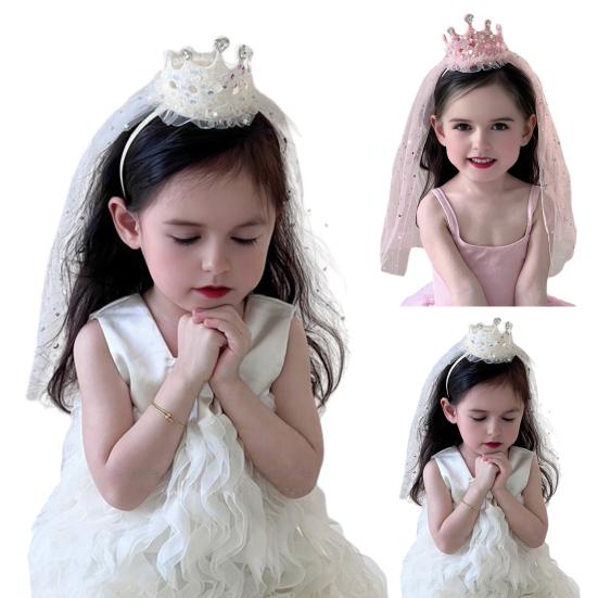 Girl Crown Headband with Sequins Imitation Pearls Princess-Style Crown Mesh Veil Toddler Princess Headpiece Baby Girl Photo Accessory