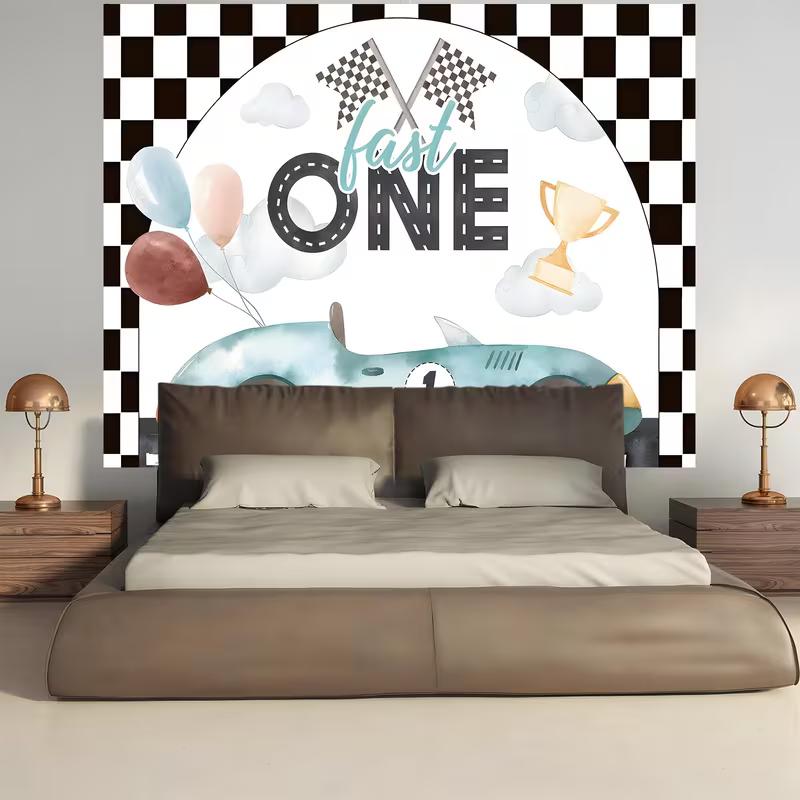 2D Checkered Flag Race Car Banner, Fast One 1st Birthday Backdrop, Baby Shower Background Cloth