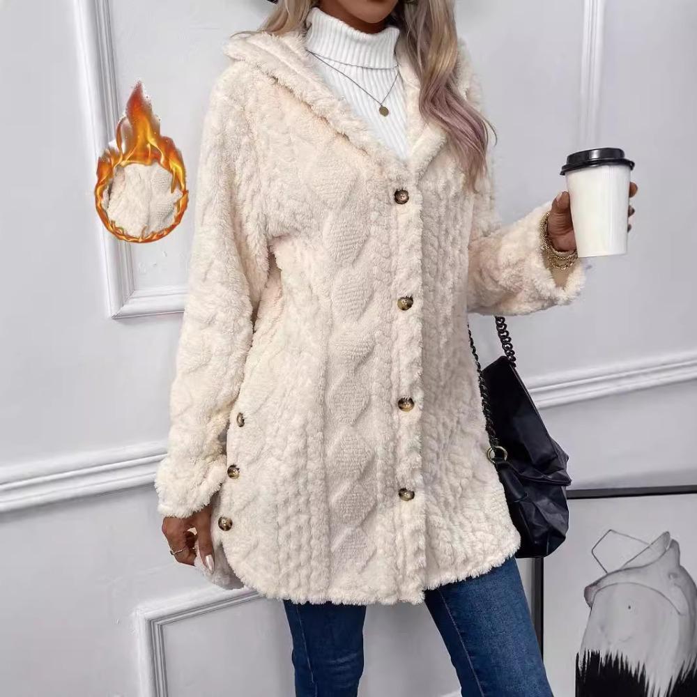 Autumn-Winter Warm Fashion Jacquard Plush Hooded Cardigan Coat