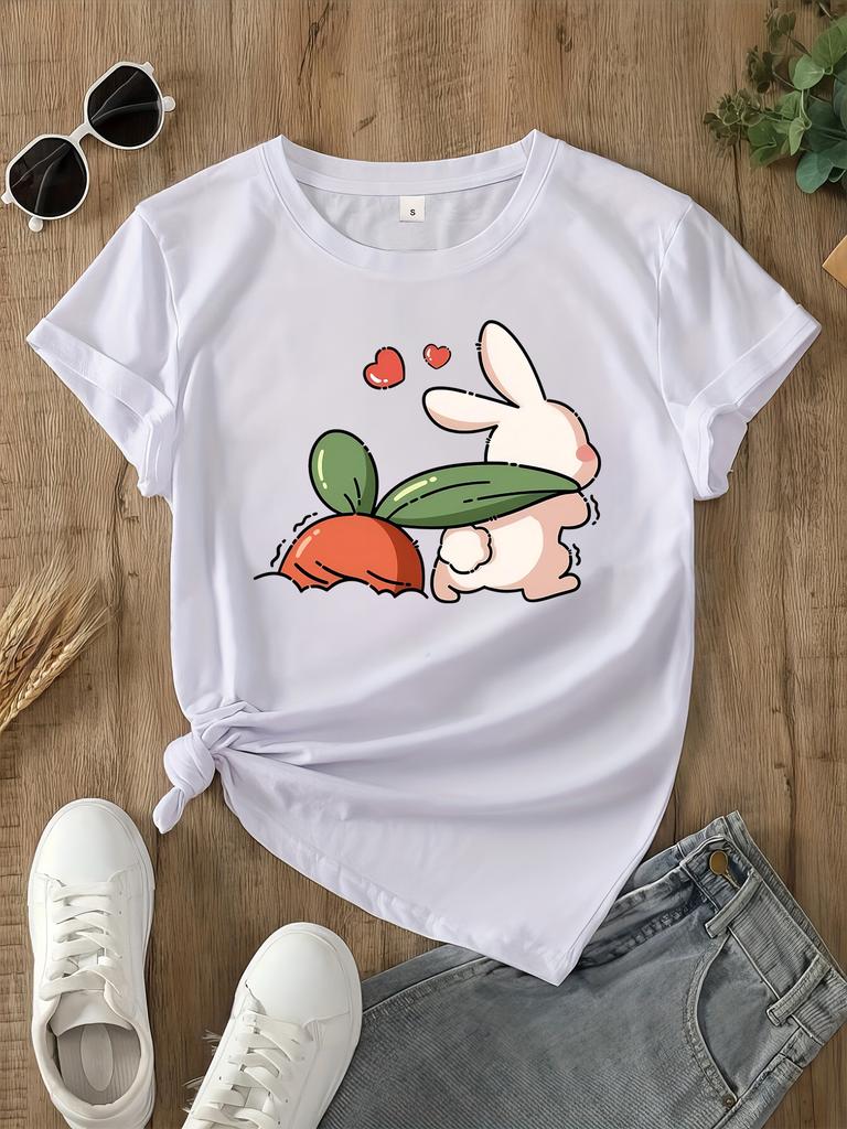 Women Casual Short Sleeved Round Neck T-shirt with Cute Rabbit and Carrot Pattern Printed Summer Women's Casual Tops Clothing