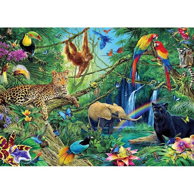 Jigsaw Puzzles for Adults 1000 Piece - Every Piece Is Unique - Precise Interlocking Tropical Forest Animals Thick Sturdy Cardboard Family Game Puzzle