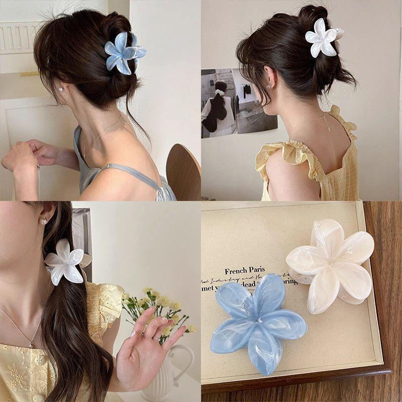 Blue & White Gradient Plumeria 3D Marble Hair Claw Clip - Elegant Floral Hair Accessory