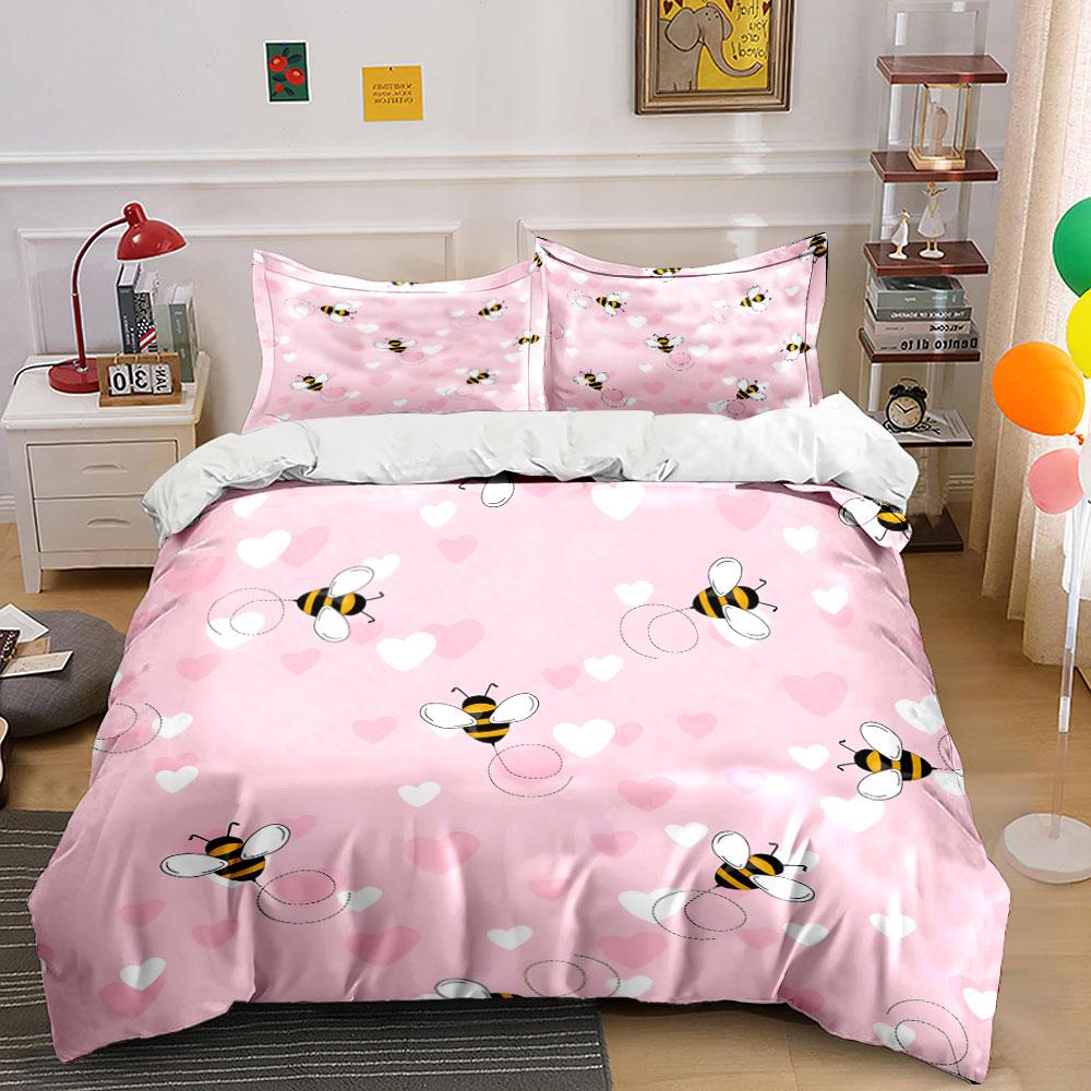 Bee and Heart Pink Pattern Bedding Duvet Cover Set (1*Duvet Cover 2*Pillowcases, without duvet insert)