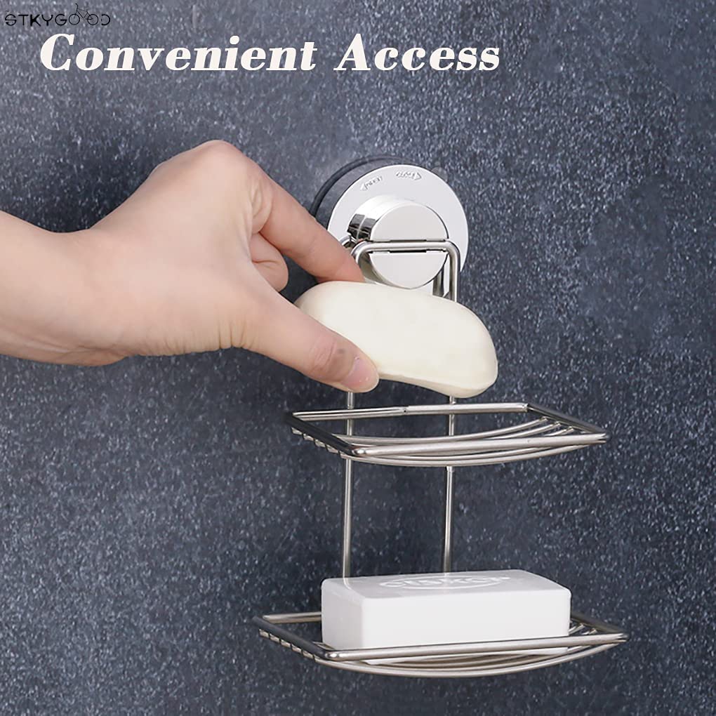 Non-perforated Household Stainless Steel Double-layer Suction Cup Soap Box Silver