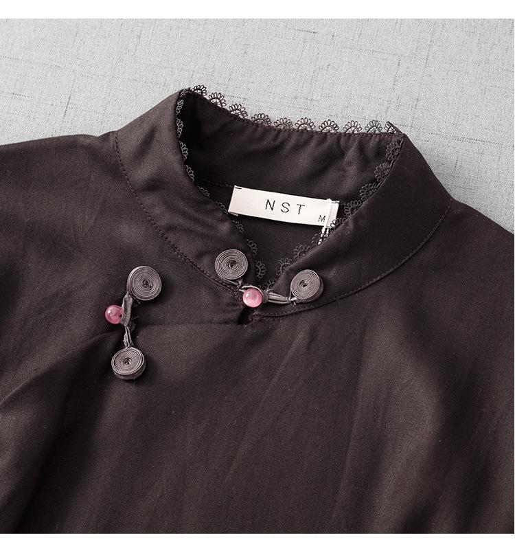 2025 Summer Women's Dark Coffee Chinese Style Short Sleeve Shirt