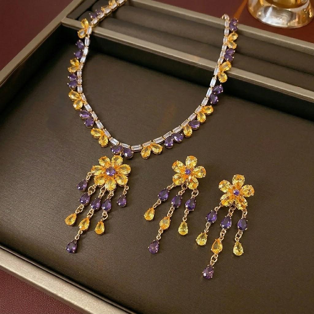 Cross-border Trendy Zircon Earrings & Colorful Floral Necklace Set