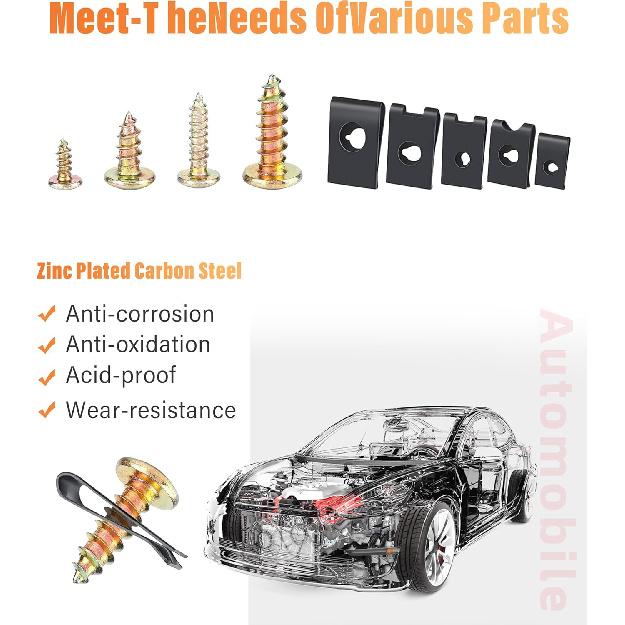 Zlirfy 170Pcs U Nut Clips, 9 Different Sizes Automotive U Nut And Screw Clip,Metal Body Panel Clip Fasteners,Auto Car Clips Fasteners Screws Set