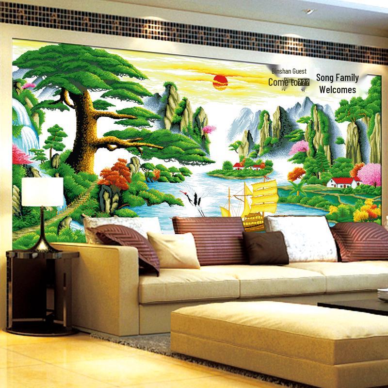 2m 3m New Style Precise Printing Silk Thread Landscape Cross-Stitch: Welcoming Pine Wealth Version