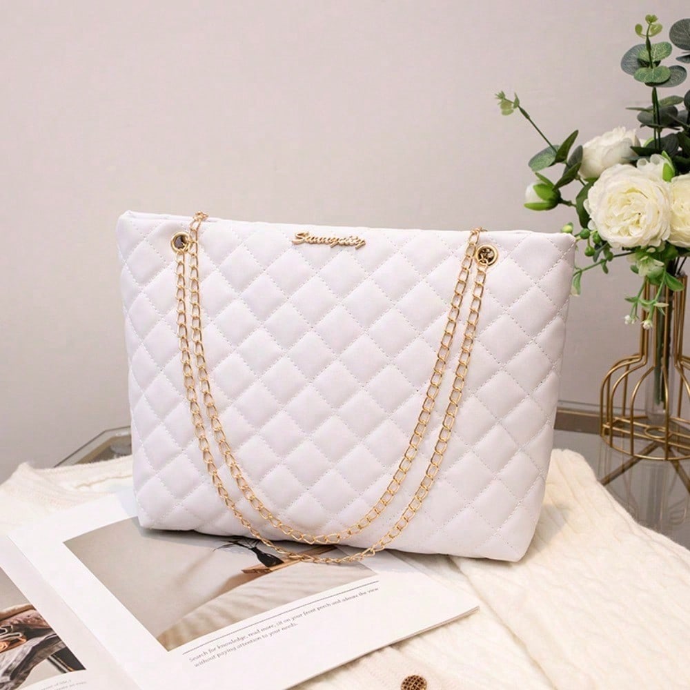 Ruit Grote Tas Ketting Geborduurde Schoudertas Grote Capaciteit Emmer Tas white veelkleurig