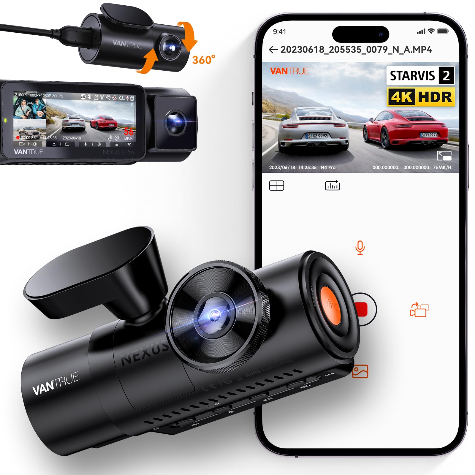

4K UHD 8 million pixels drive recorder PlatePix technology WiFi equipped STARVIS 2 IMX678 sensor VANTRUE N4 Pro Front and rear cameras Drive recorder