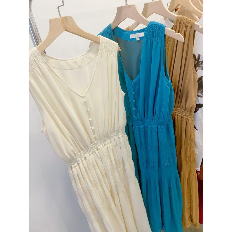 

Self-Retained Elastic Waist Slimming Solid Sleeveless Chiffon Dress Turmeric