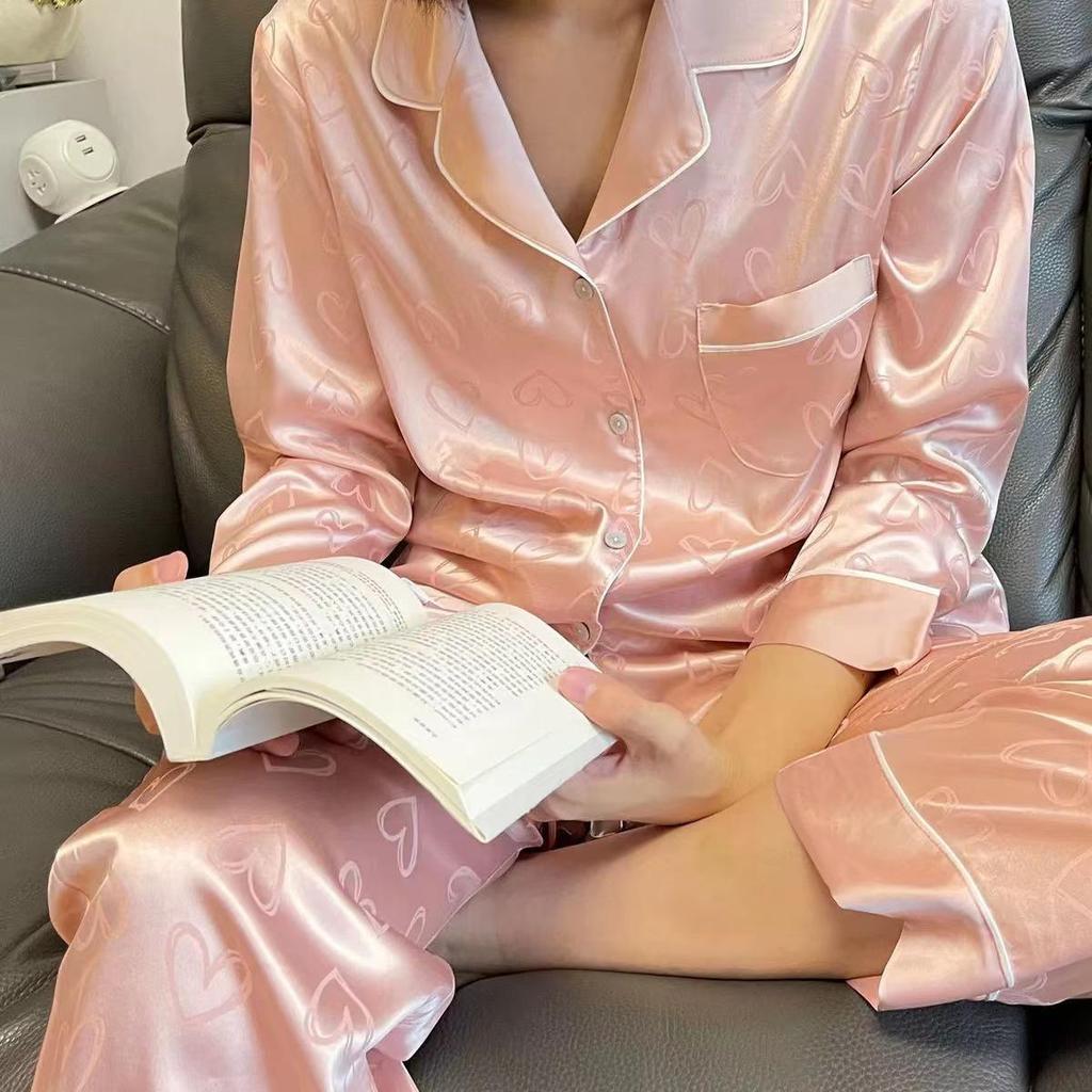 Women's Spring/Autumn Ice Silk Pajama Set - Long Sleeve, Long Pants, Cardigan, Sweet Homewear Style, Two-Piece.