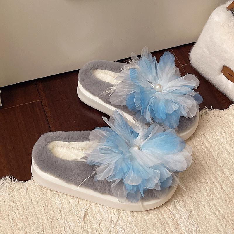 

Korean version of mesh wool slippers women s 2025 summer and autumn new flower outer slippers one-word flat cotton slippers 41 серый