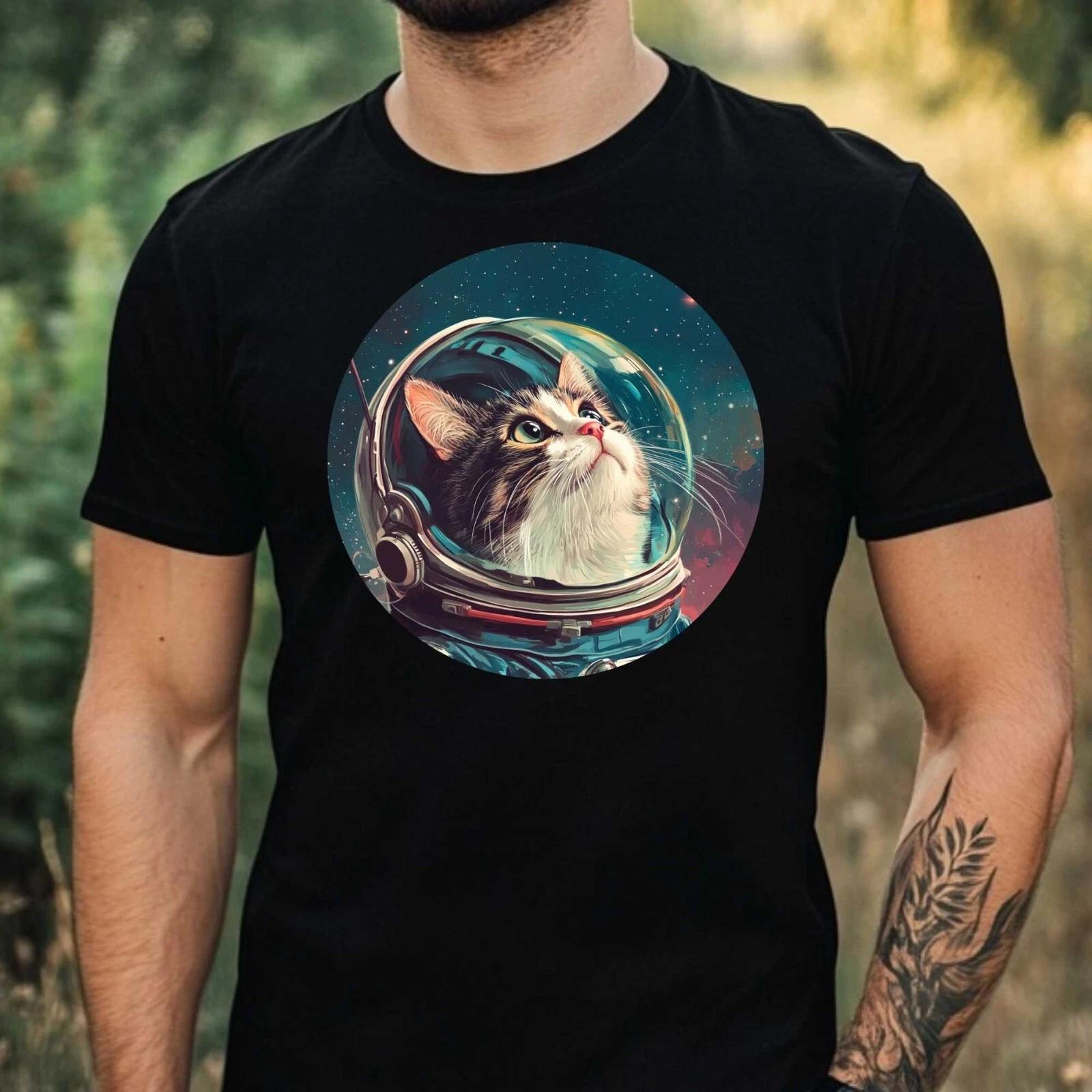 T-Shirt Herren Katze als Astronaut Motiv Baumwolle Größe XS bis 5XL XXXXL