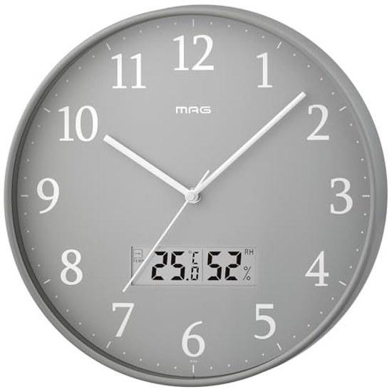 MAG Wall Clock Analog Radio Thermometer Hygrometer Stylish Cute Simple Interior Diameter 30.0 Cm Nighttime Second Hand Stop Gray Grigio W-816A GY-Z