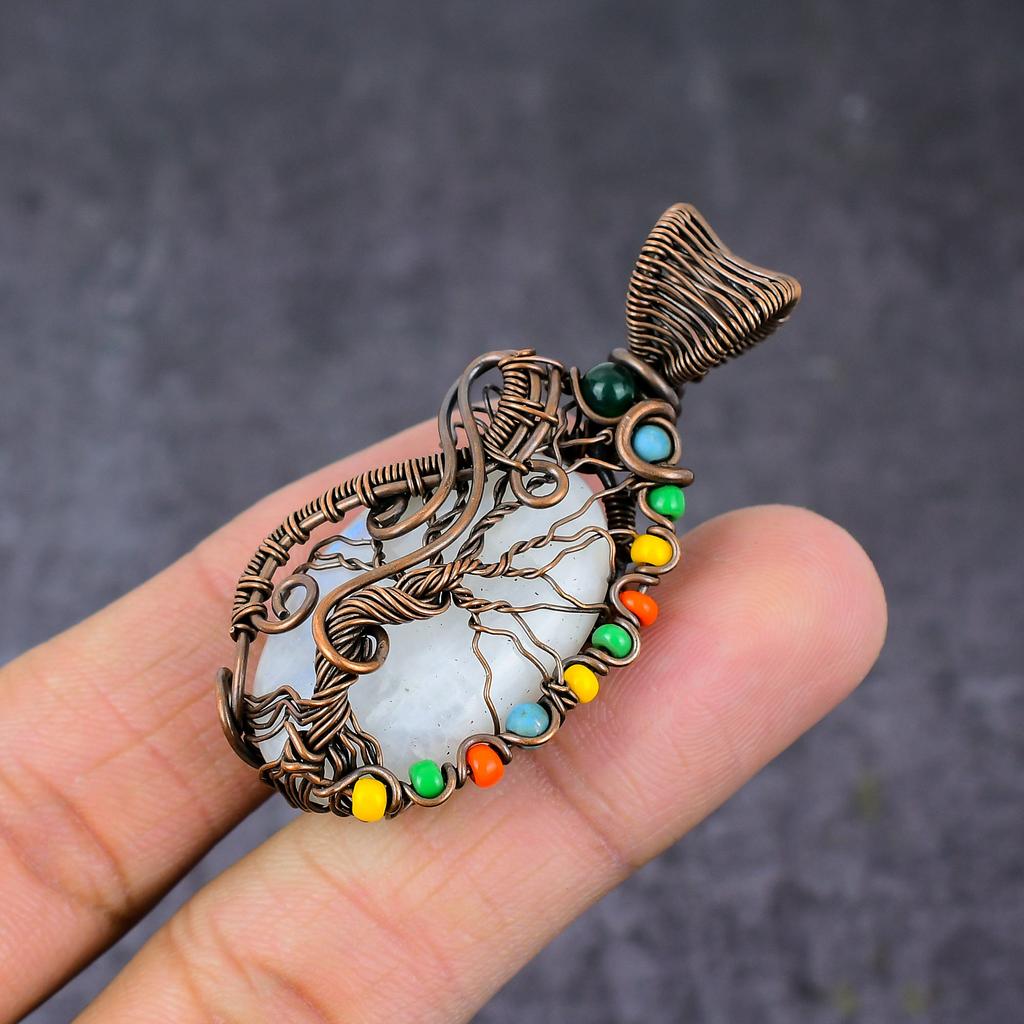 Natural Rainbow Moonstone Copper Wire Wrap Tree Of Life Pendant 2.17" Y5L24