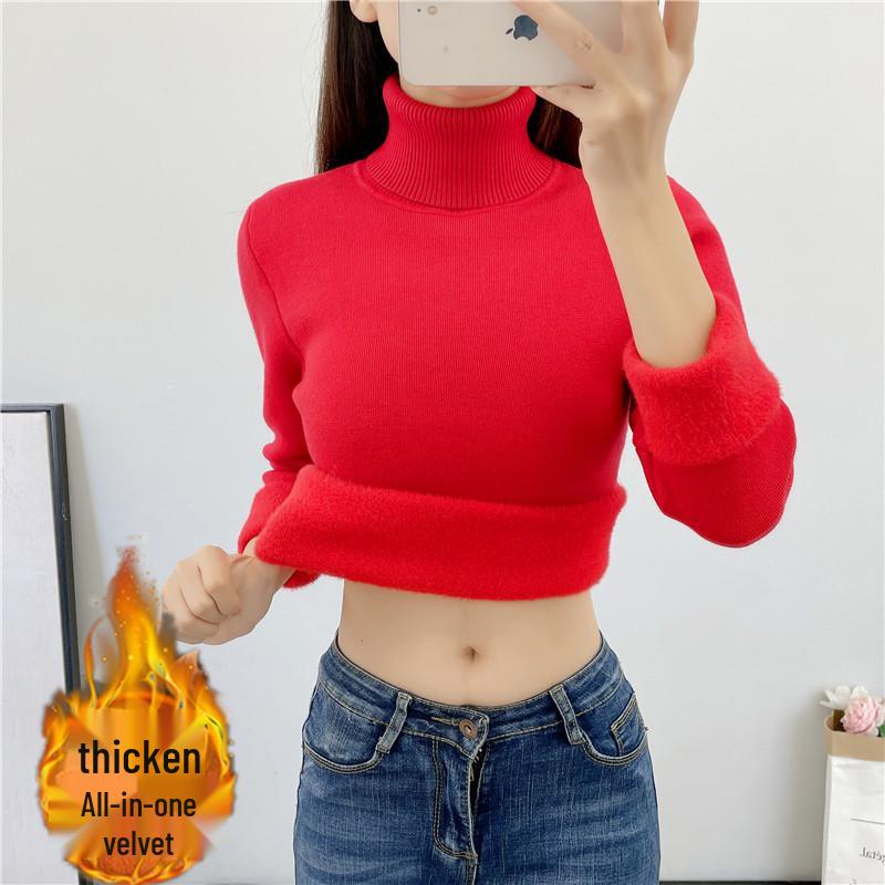 Women's Winter Thickened Velvet Sweater - High Collar Slim Fit Knit Pullover