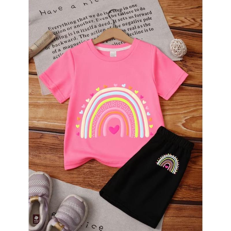Summer Children's Fun Rainbow Graphic T-Shirt Set Crew Neck Short Sleeves + Elastic Waist Shorts 2PCS Set Casual Girls Clothing