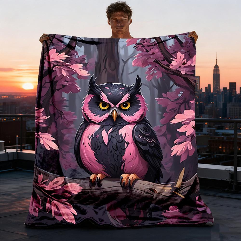 1pc Owl Cherry Blossom Branch Throw Blanket Polyester Fiber, Lightweight Flannel, Soft & Warm, All Season Use for Outdoor, Camping Digital Print