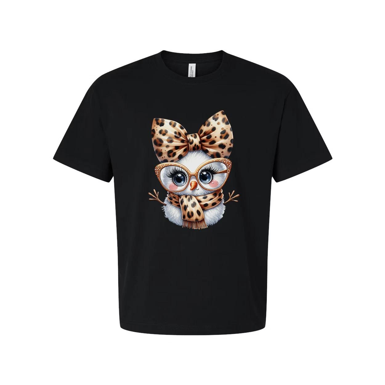 

Unisex White T Shirt With Leopard Print Owl Graphic Wearing Bow Glasses And Scar S