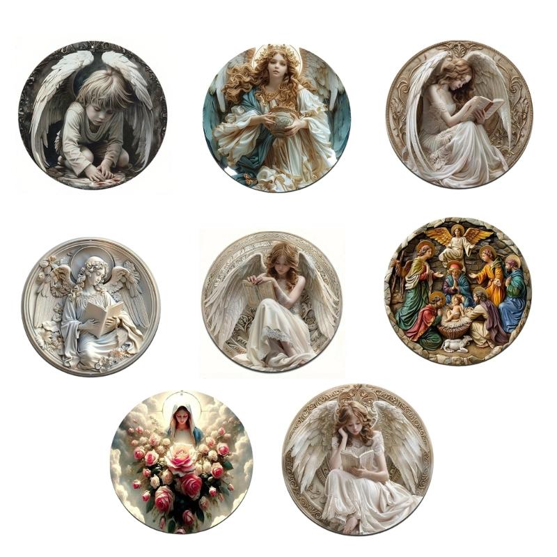 Wooden Angel Reading Book Round Plaque Front Door Hanging Ornament Easy Mount Wall Sign For Home Garden Decoration
