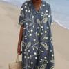 Vintage Floral Print Bohemian Summer Dress Women Loose V Neck Short Sleeves Knee Length A Line Beach Dating Midi Dress