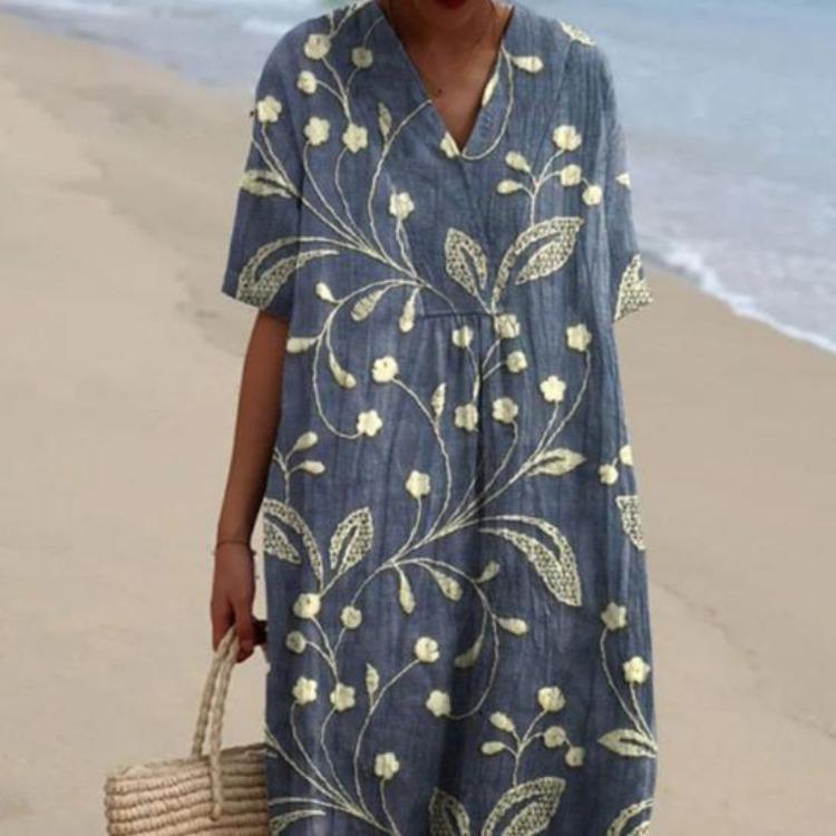 Vintage Floral Print Bohemian Summer Dress Women Loose V Neck Short Sleeves Knee Length A Line Beach Dating Midi Dress