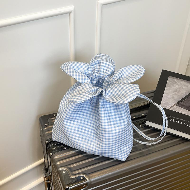 Korean Plaid Embroidered Flower Bag Women's 2025 New Casual Drawstring Canvas Bag Commuter Shoulder Crossbody Bucket Bag