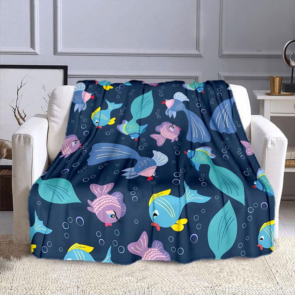 Colorful Fish Pattern on Blue Background Patterned flannel blanket perfect for the bedroom living room, sofa, or a little nap