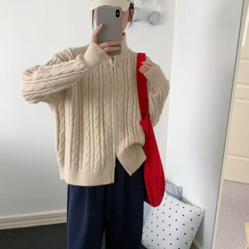 Retro twist knitted cardigan for women's autumn and winter new lazy wind double zipper stand-up neck sweater jacket for women