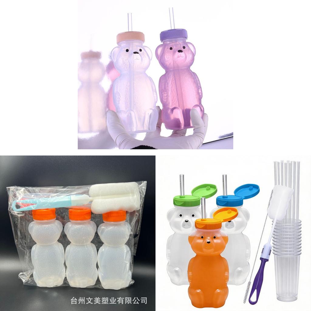 Small Bear Drink Cup Set With Silicone Straws And Brushes For Kids And Teens