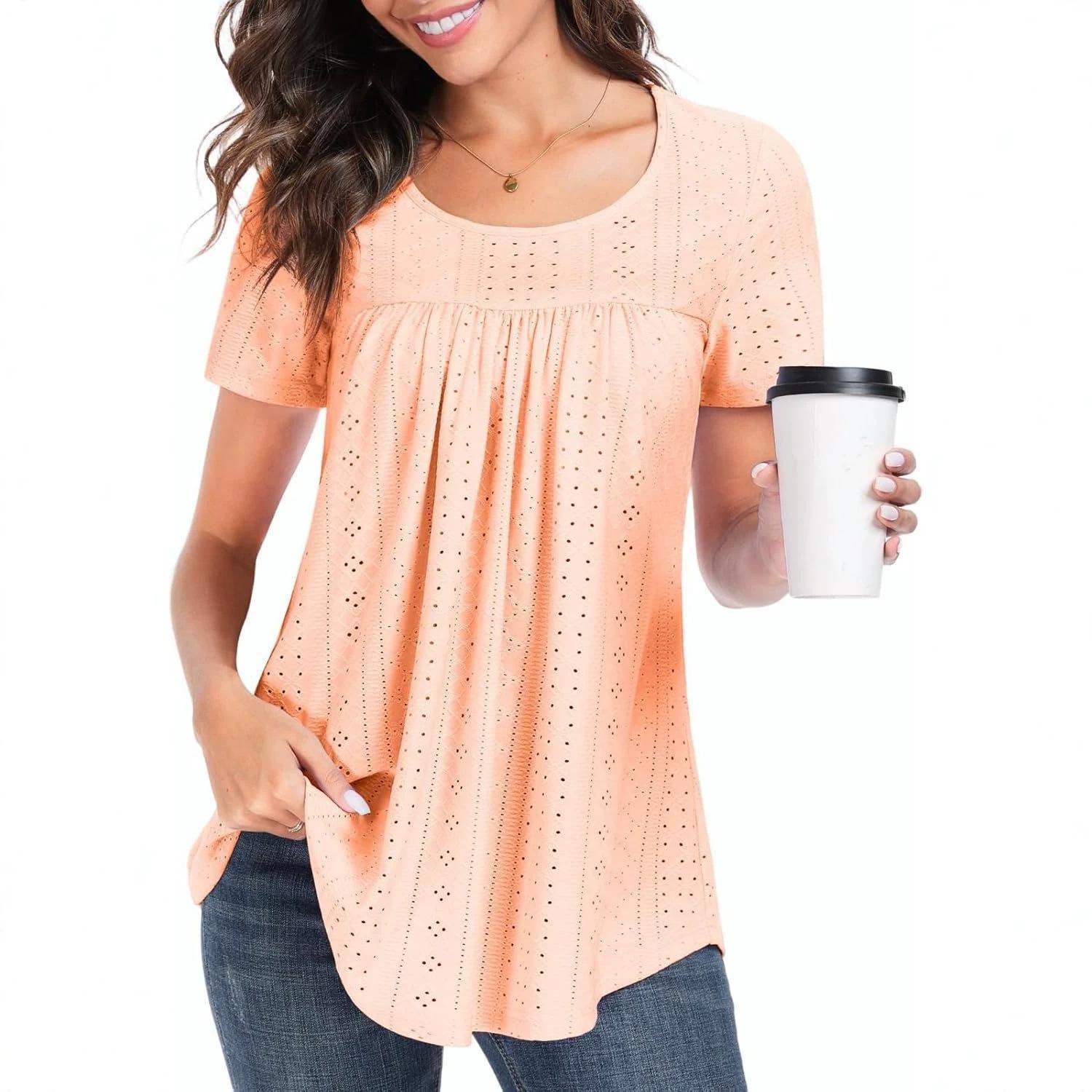 

Women Casual Hollow Out Short Sleeve T Shirt Round Neck Loose Fit Lightweight Breathable Summer Top L оранжевый
