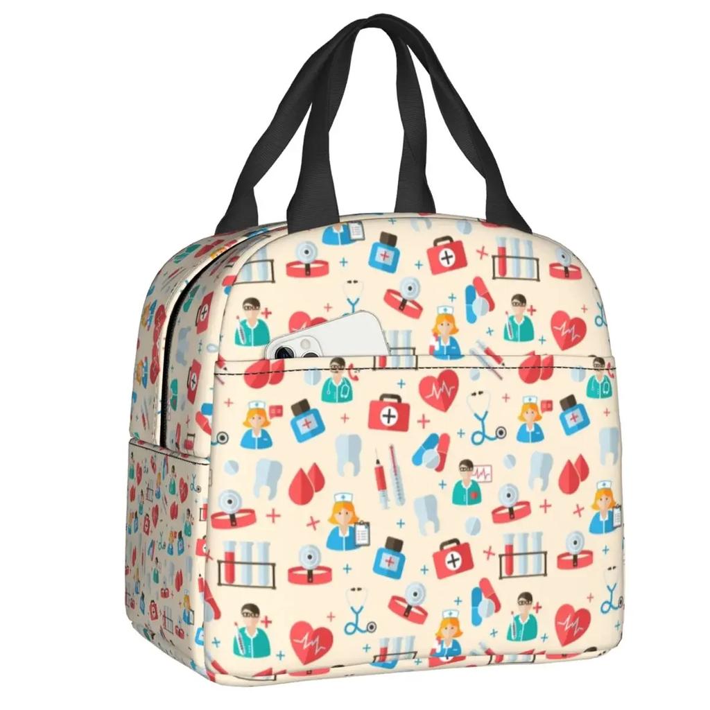 Nurse Tool Pattern Insulated Lunch Tote Bag for Women Nursing Resuable Thermal Cooler Food Lunch Box Work School Travel