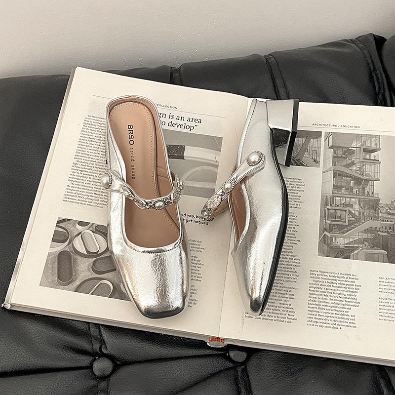 Pearl word with bag head half slippers women's summer new versatile Mary Jane shoes sandals