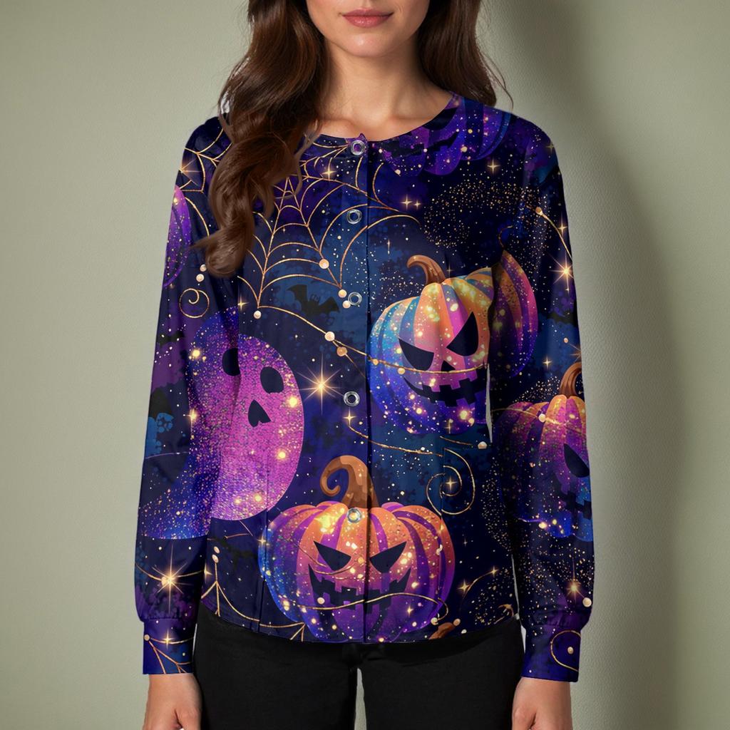 Women's Halloween Print Long Sleeve Cardigan Top with Single Button Front for Caregiver Uniform
