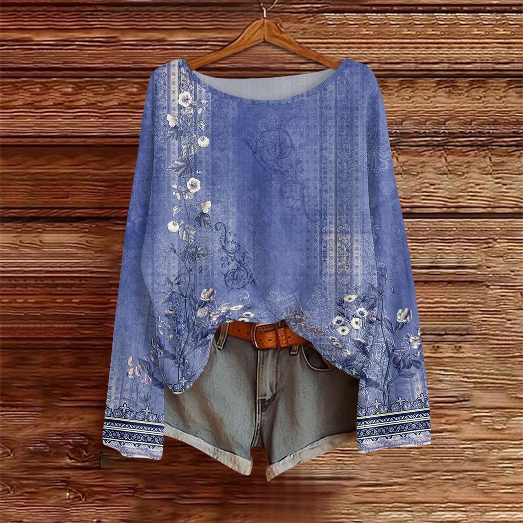 Langarmshirts für Damen Print Grafik T-Shirts Blusen Lässig Übergröße Basic Oberteile Pullover