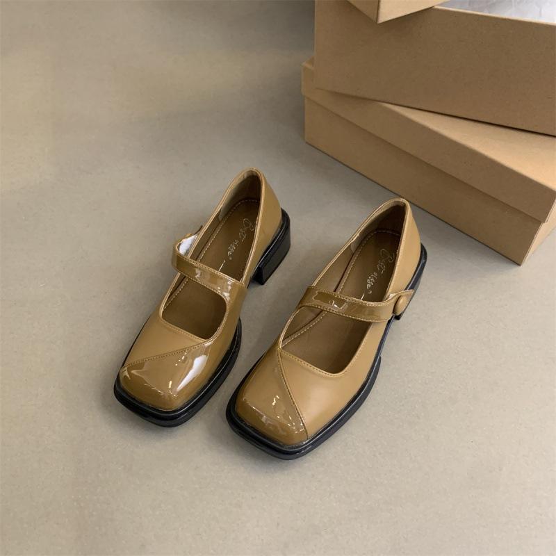 2025 spring and autumn new French evening breeze square head shallow mouth single shoes gentle fairy thick heel Mary Jane small leather shoes