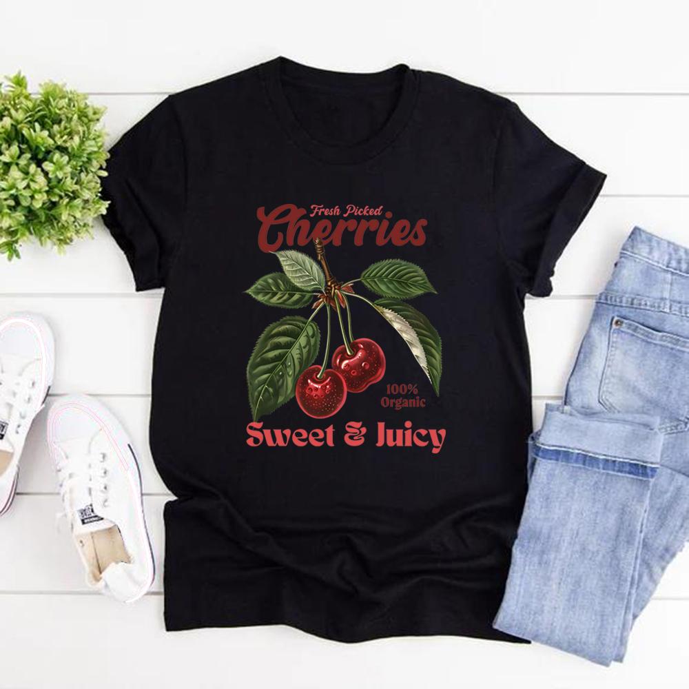 Retro Cherries Graphic T Shirts Vintage Cherry T-Shirt Women Short Sleeve Casual T-shirt Y2k Style T Shirt Vintage Summer Tee