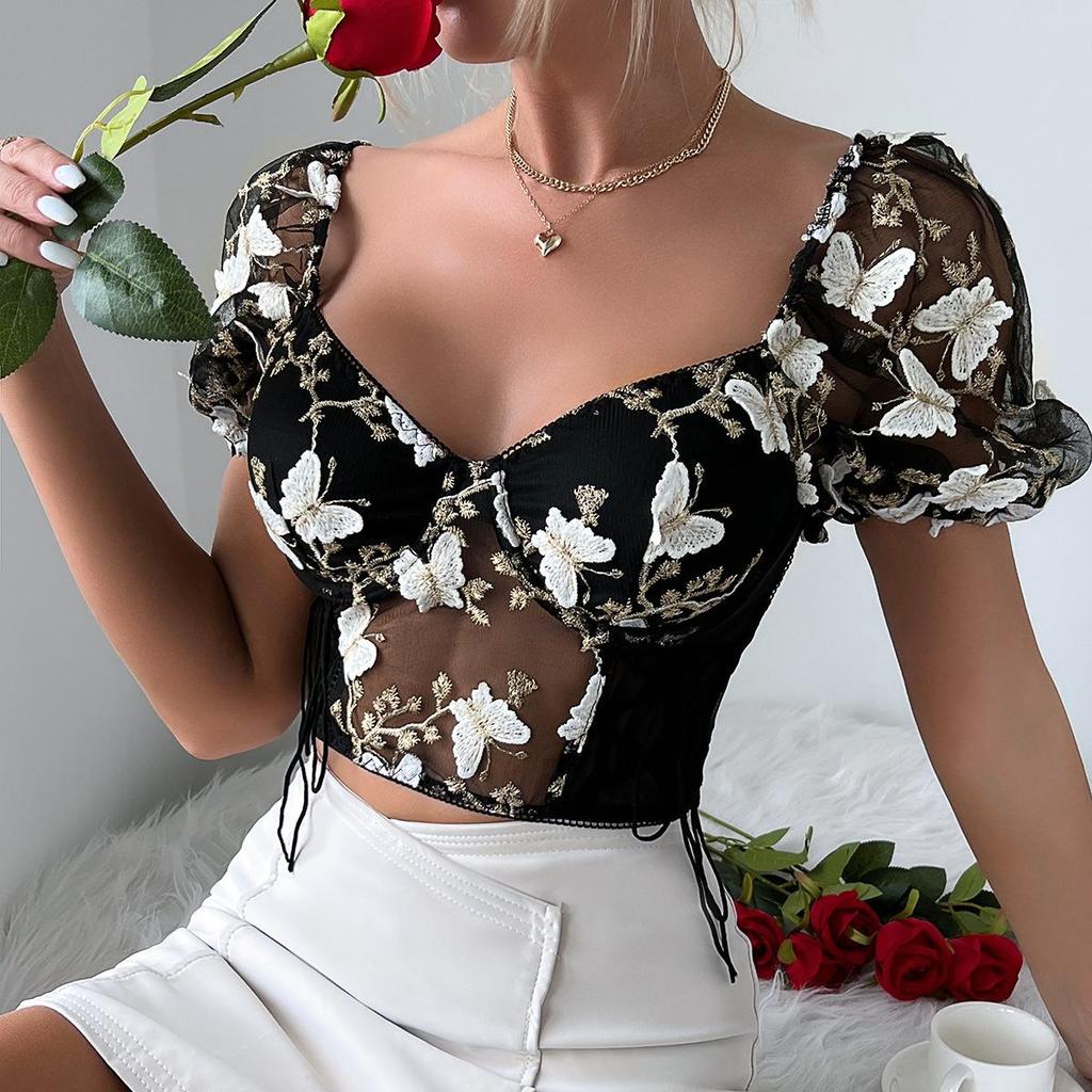 Casual V-Ausschnitt Shirt Mesh Kurzarm Crop Top Frauen bestickt ButterflyT-shirt rückenfreie Tank Top schlanke weibliche Crop Top Mode T-Shirt Y2k