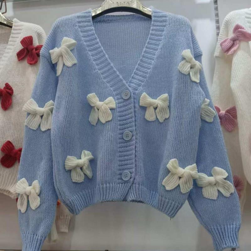 2026 Womens V-Neck Knit Cardigan Loose 3D Bow Sweater Coat Soft Warm Winter
