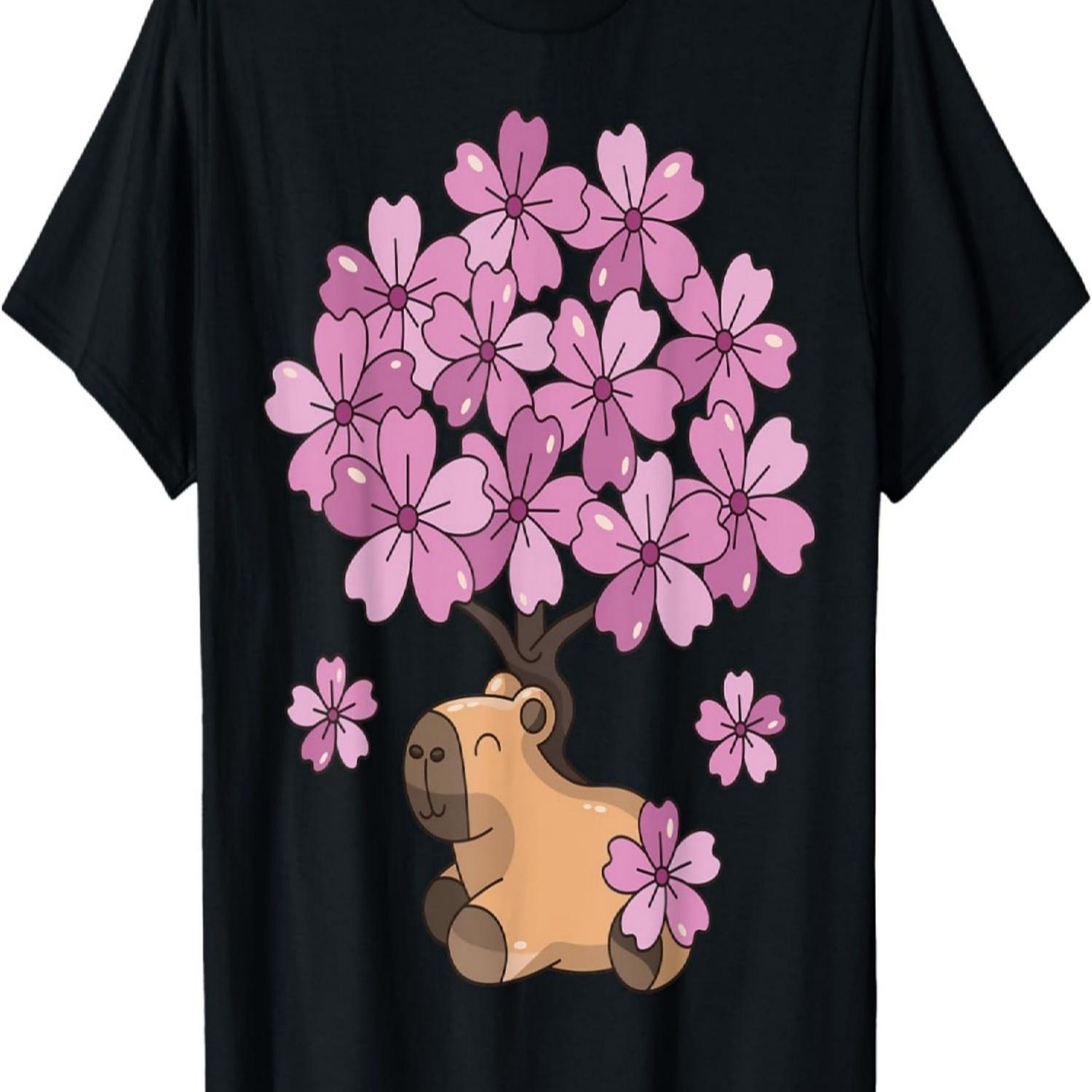 Funny Capybara Sakura Cherry Blossom Pink  Rodent T-Shirt S чёрный