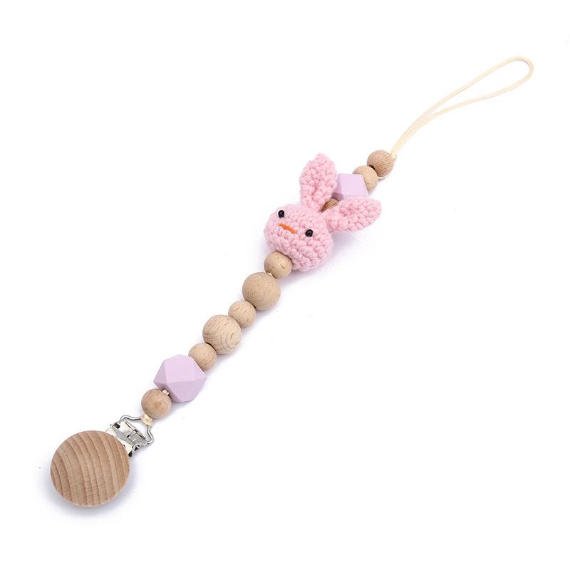 Cute Cartoon Knitted Rabbit Pacifier Clip with Beech Wood Beads