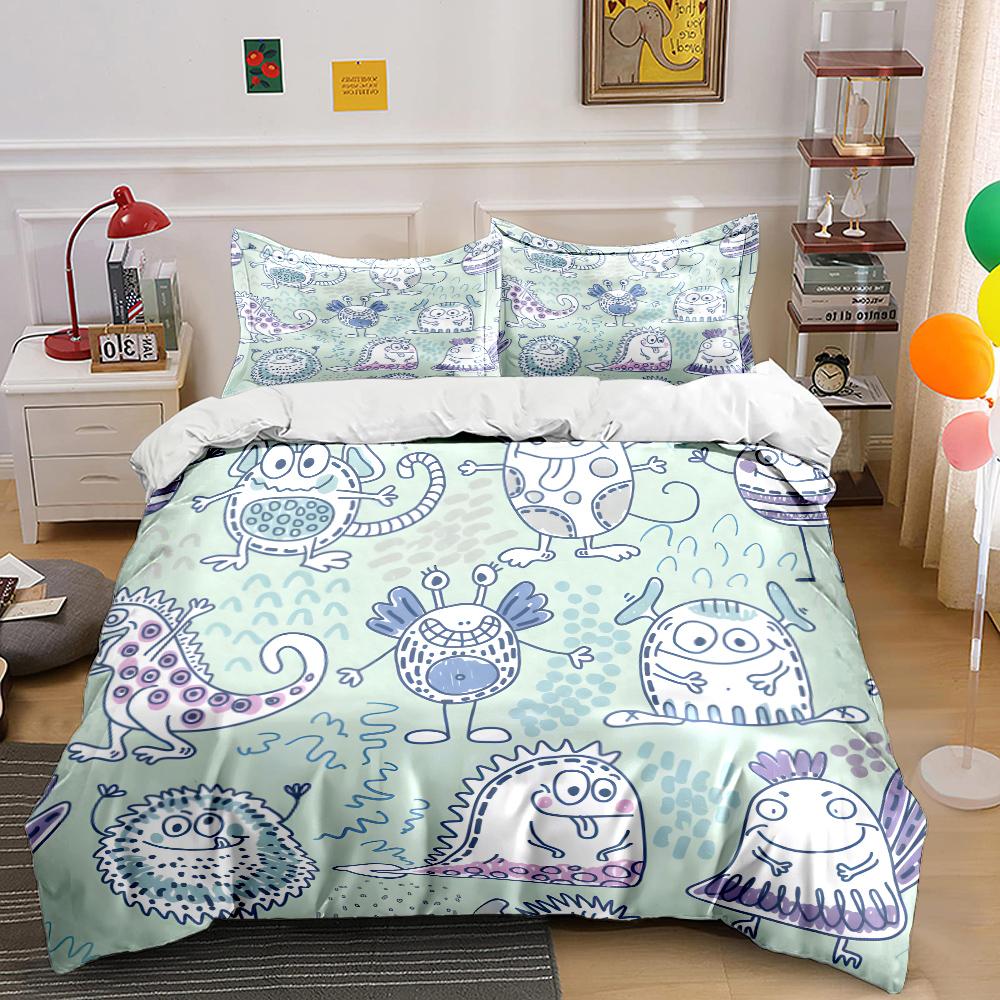 Cartoon Monster Pattern Design Bedding Set for Kids Luxury Gift 3pcs Digital Print Comforter Set Soft Comfortable Breathable