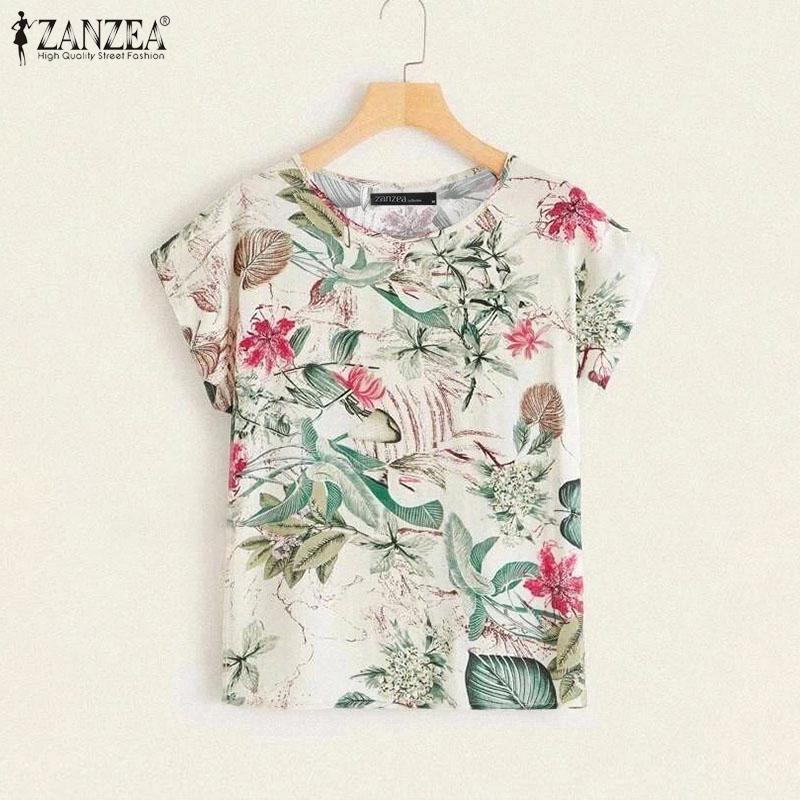 ZANZEA Women Casual Loose Round Neck Short Sleeve Print Blouse