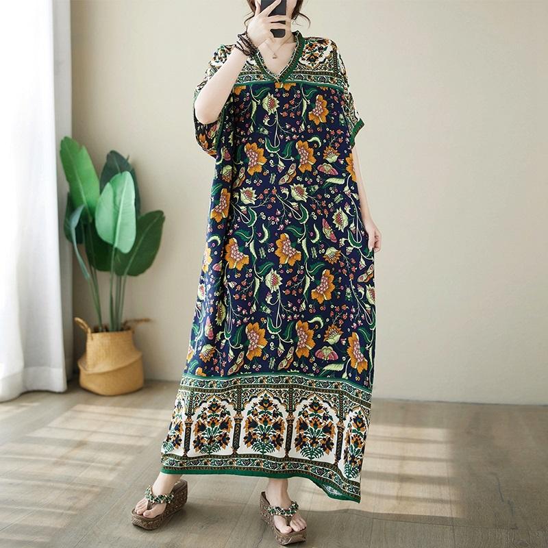 Krátký rukáv Plus Size Bavlna Satén Vintage Květinové Nové v Šatech pro Ženy Ležérní Volné Dlouhé Letní Šaty