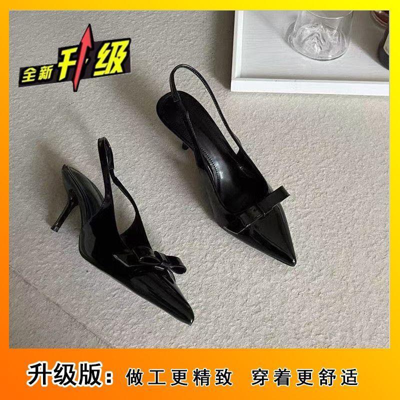 Black Pointed Back Empty Stiletto Sandals Women's Spring and Summer 2025 High Heels Patent Leather Bow Not Tired Feet Single Shoes
