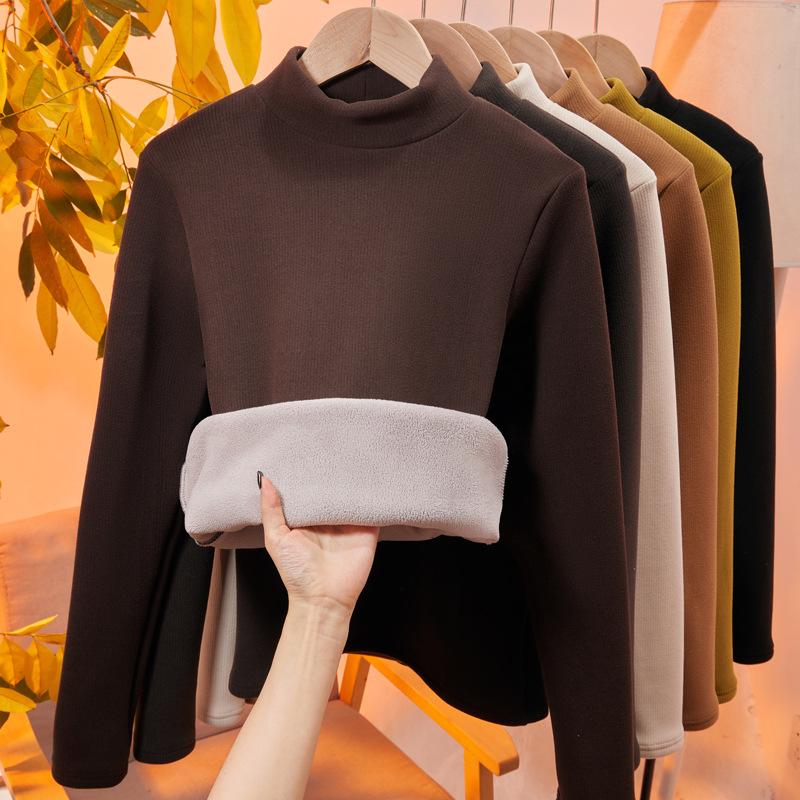 Herbst Winter Hoher Kragen Einfarbig Unterteilter Pullover Top Damen Langarm Lässig Mode Samt Warmes T-Shirt Tee