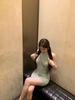 Women's Slim Fit Green Knit Tank Dress - Summer A-line Waist-Cinching Short Skirt